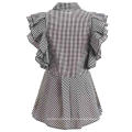 Womens Gingham Peplum Tops Retro Black Checkered Shirt Ruffles Sleeveless Summer Plaid Blouse with Button Plus Size 3XL Blusas